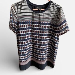 DKNY Navy Blue and White Geometric Top